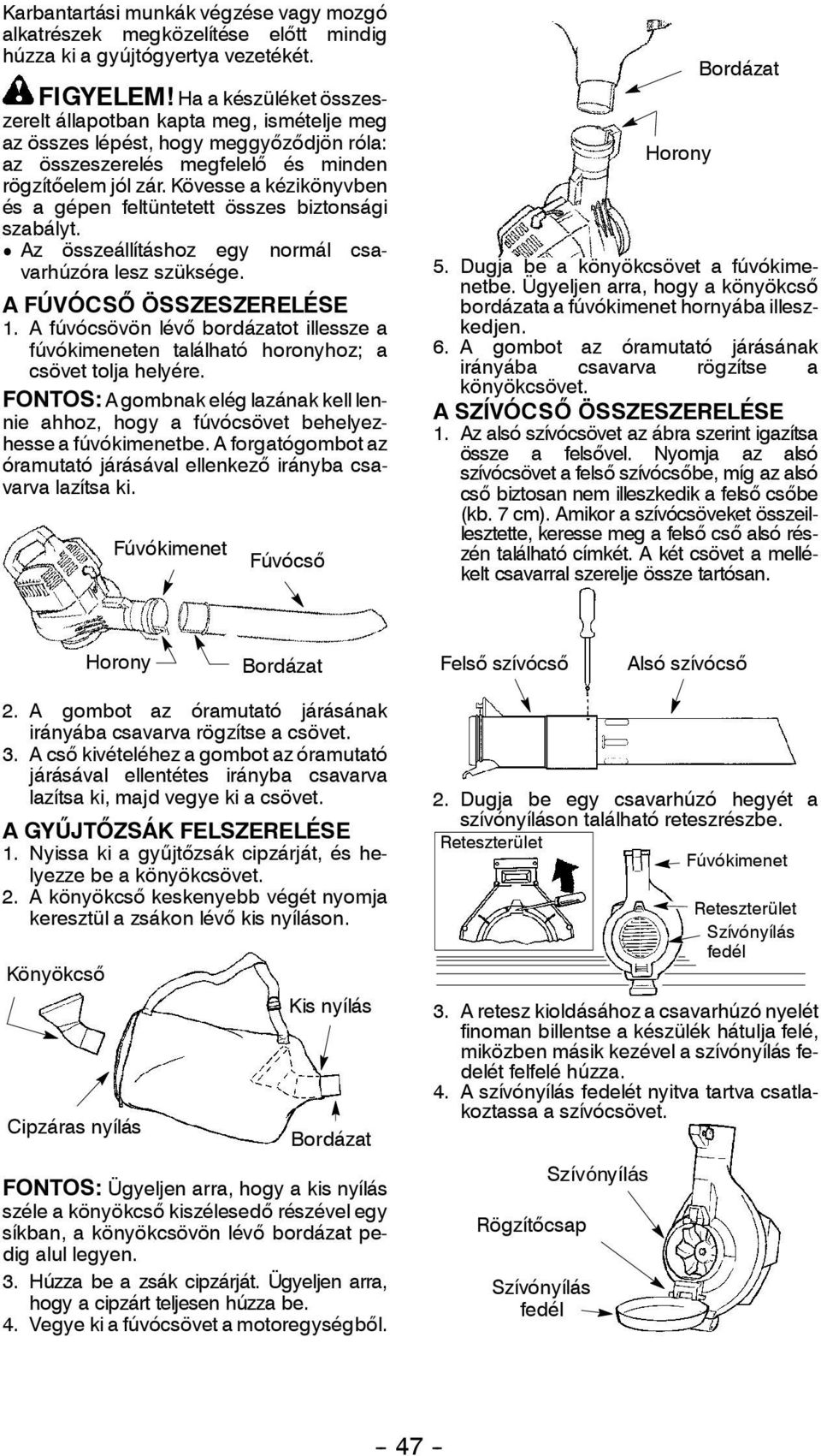 Kövesse a kézikönyvben és a gépen feltüntetett összes biztonsági szabályt. D Az összeállításhoz egy normál csavarhúzóra lesz szüksége. AFÚVÓCSŐ ÖSSZESZERELÉSE 1.