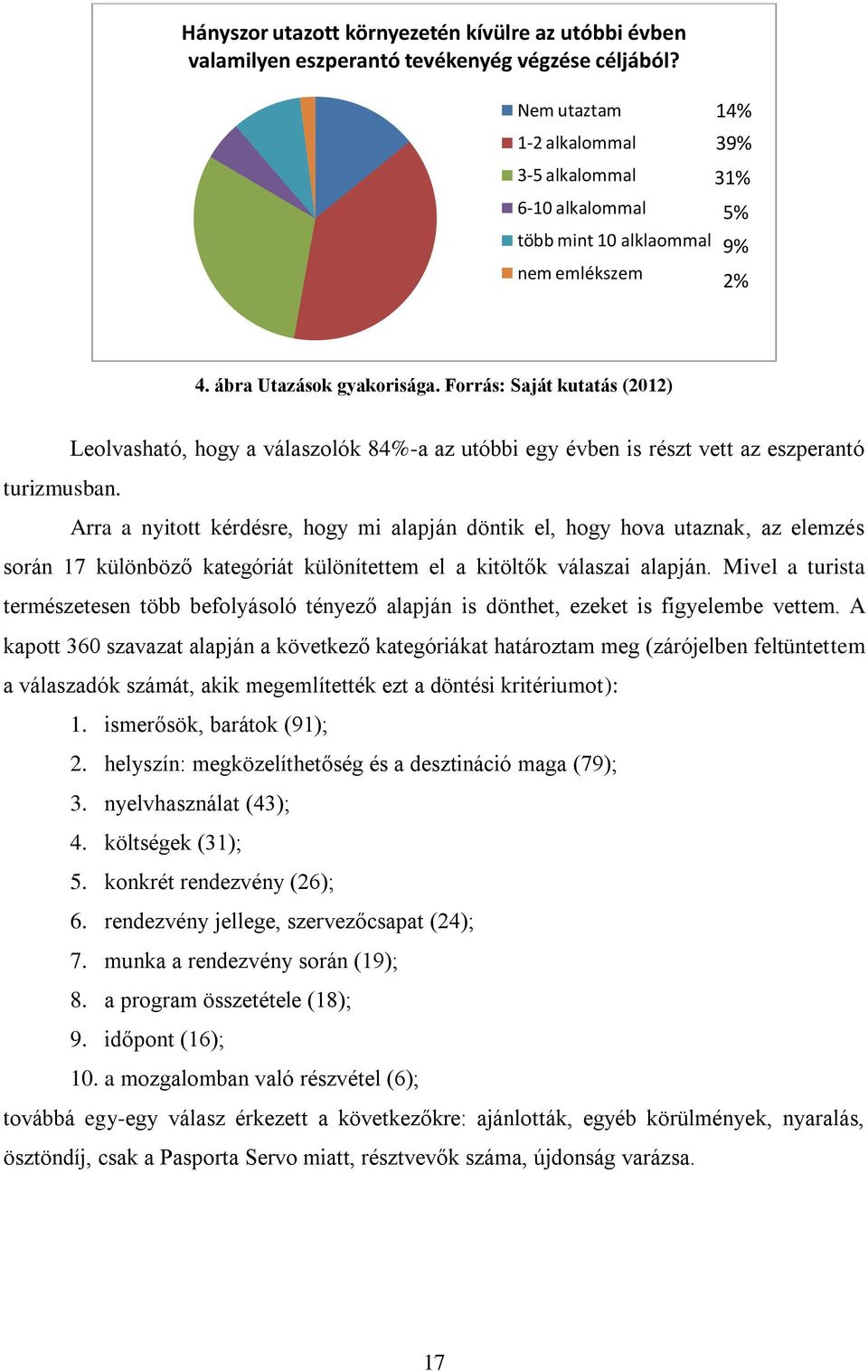 Forrás: Saját kutatás (2012) Leolvasható, hogy a válaszolók 84%-a az utóbbi egy évben is részt vett az eszperantó turizmusban.