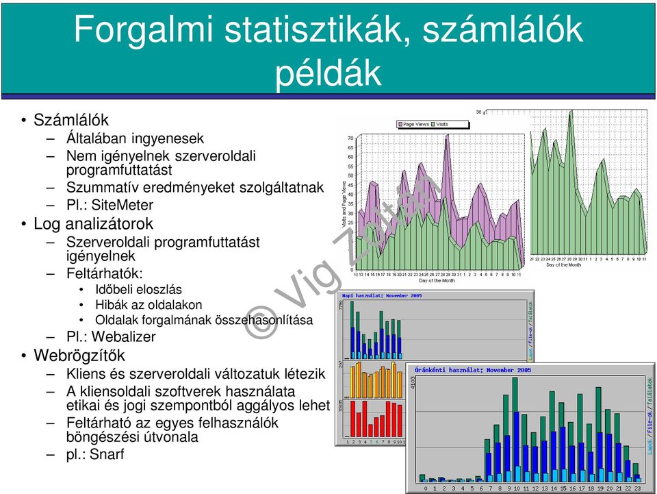 : SiteMeter Log analizátorok Szerveroldali programfuttatást igényelnek Feltárhatók: Idıbeli eloszlás Hibák az oldalakon Oldalak