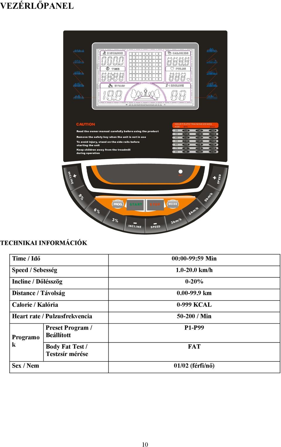 EE D MP3 PROG. 9k m 9% /h E 6% STA RT S TO P MO D E 6k 3% INC L IN E SPE ED m /h /h 3k m TECHNIKAI INFORMÁCIÓK Time / Idő 00:00-99:59 Min Speed / Sebesség.0-20.