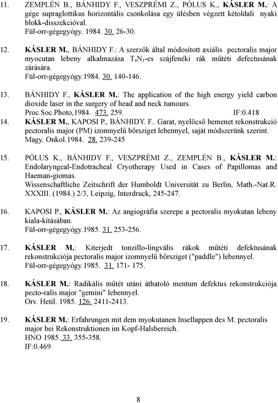 140-146. 13. BÁNHIDY F., KÁSLER M.: The application of the high energy yield carbon dioxide laser in the surgery of head and neck tumours. Proc.Soc.Photo,1984. 473. 259. IF:0.418 14. KÁSLER M., KAPOSI P.