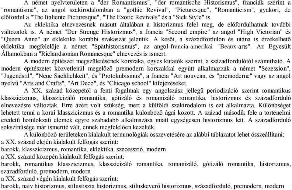 A német "Der Strenge Historizmus", a francia "Second empire" az angol "High Victorian" és "Queen Anne" az eklektika korábbi szakaszát jelentik.