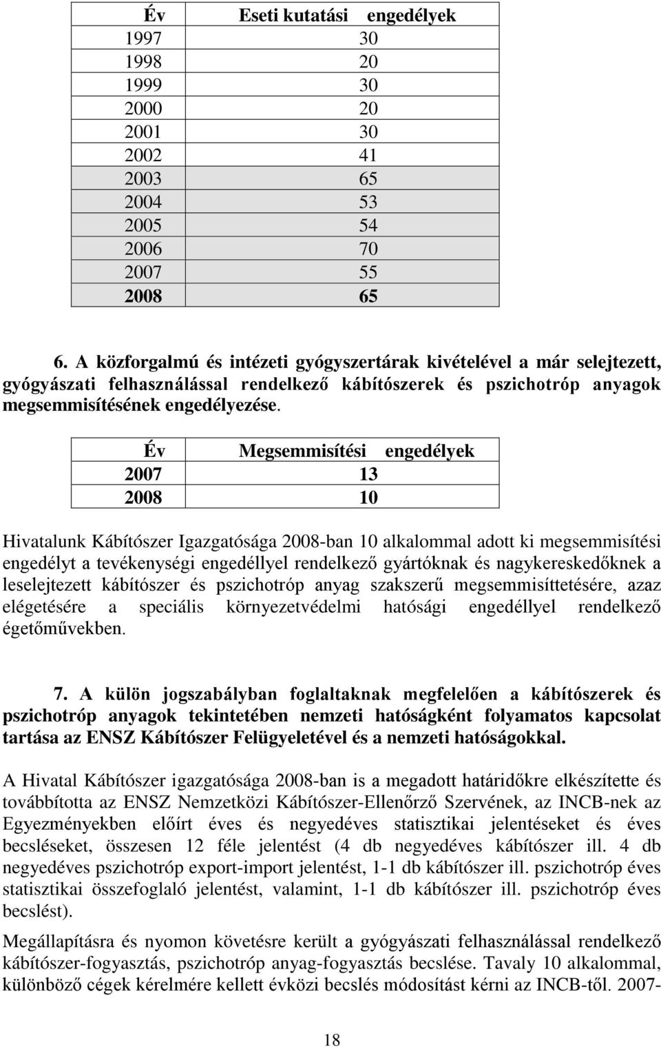 Év Megsemmisítési engedélyek 2007 13 2008 10 Hivatalunk Kábítószer Igazgatósága 2008-ban 10 alkalommal adott ki megsemmisítési engedélyt a tevékenységi engedéllyel rendelkező gyártóknak és