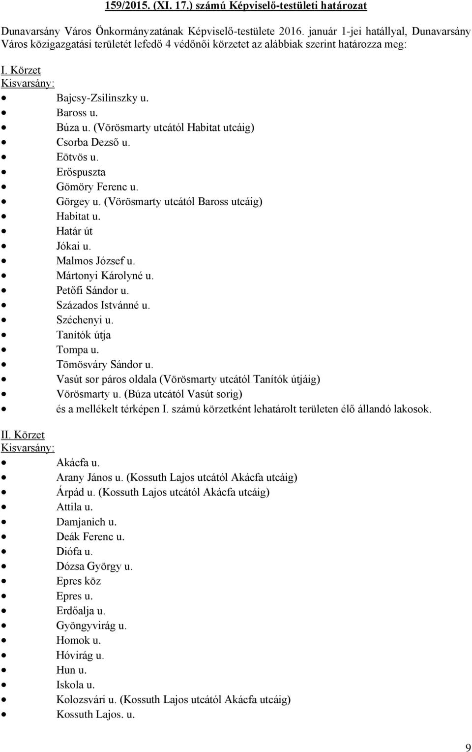 (Vörösmarty utcától Habitat utcáig) Csorba Dezső u. Eötvös u. Erőspuszta Gömöry Ferenc u. Görgey u. (Vörösmarty utcától Baross utcáig) Habitat u. Határ út Jókai u. Malmos József u.