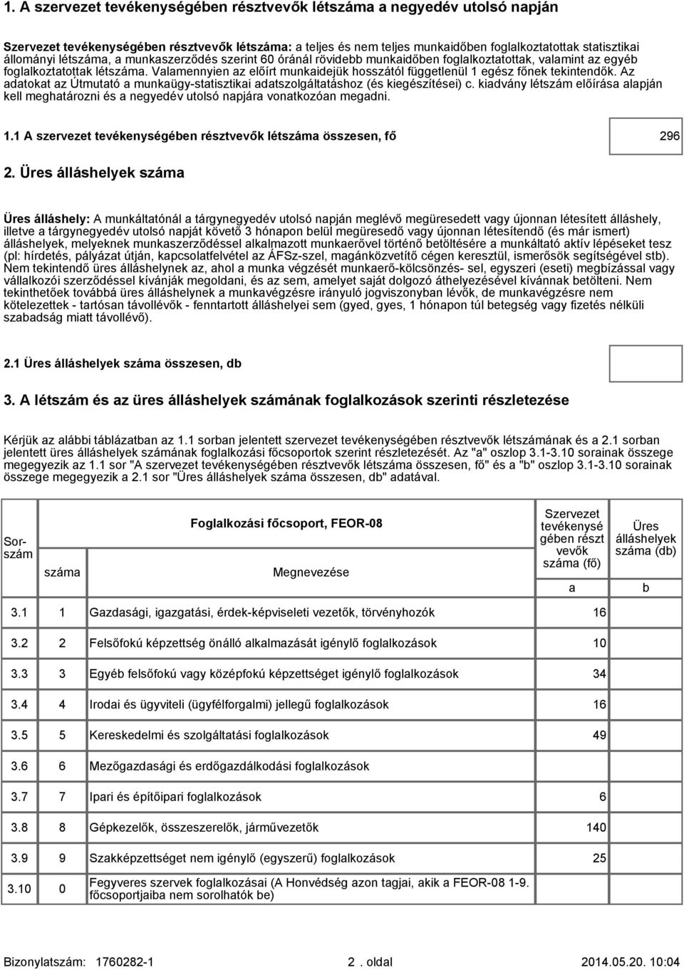 Valamennyien az előírt munkaidejük hosszától függetlenül 1 egész főnek tekintendők. Az adatokat az Útmutató a munkaügy-statisztikai adatszolgáltatáshoz (és kiegészítései) c.