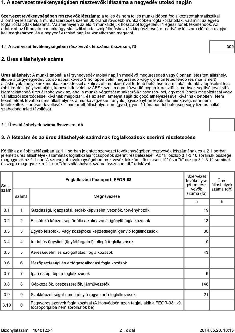 Valamennyien az előírt munkaidejük hosszától függetlenül 1 egész főnek tekintendők. Az adatokat az Útmutató a munkaügy-statisztikai adatszolgáltatáshoz (és kiegészítései) c.