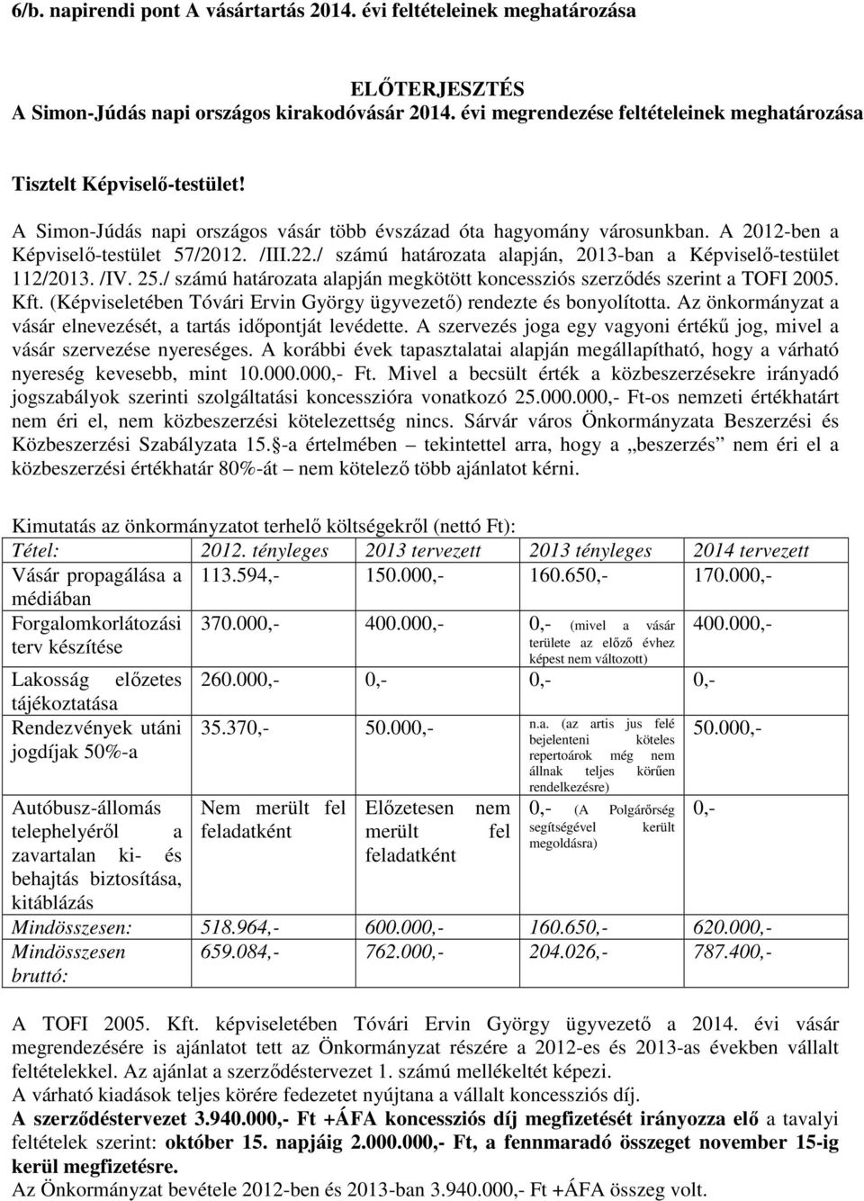 / számú határozata alapján, 2013-ban a Képviselő-testület 112/2013. /IV. 25./ számú határozata alapján megkötött koncessziós szerződés szerint a TOFI 2005. Kft.