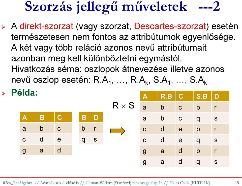 Hivatkozás séma: oszlopok átnevezése illetve azonos nevű oszlop esetén: R.A 1,, R.A k, S.A 1,, S.