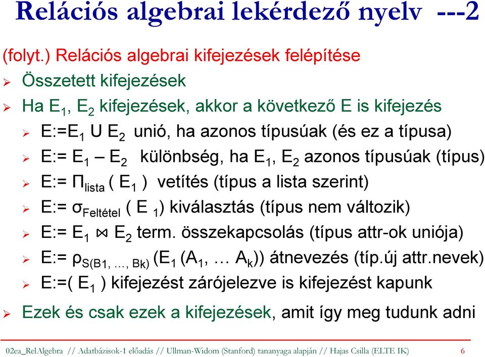 1 E 2 különbség, ha E 1, E 2 azonos típusúak (típus) E:= Π lista ( E 1 ) vetítés (típus a lista szerint) E:= σ Feltétel ( E 1 ) kiválasztás (típus nem változik) E:= E 1 E 2 term.