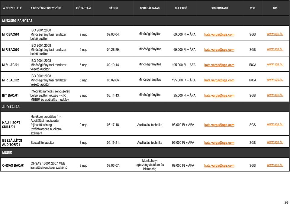 000 Ft + ÁFA kata.varga@sgs.com IRCA www.sgs.hu 5 nap 06.02-06. Minıségirányítás 195.000 Ft + ÁFA kata.varga@sgs.com IRCA www.sgs.hu 3 nap 06.11-13. Minıségirányítás 95.000 Ft + ÁFA kata.varga@sgs.com SGS www.