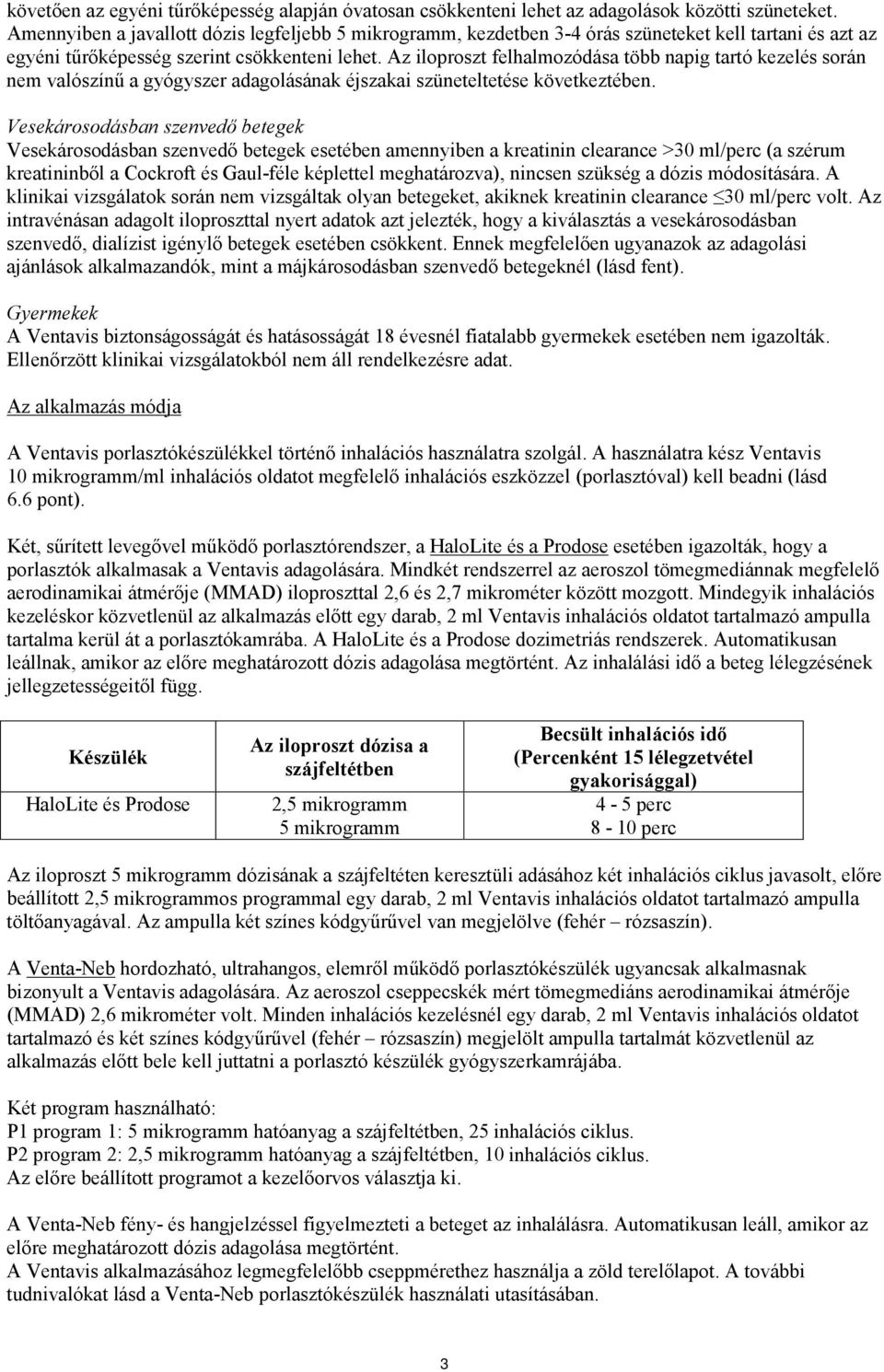 Az iloproszt felhalmozódása több napig tartó kezelés során nem valószínű a gyógyszer adagolásának éjszakai szüneteltetése következtében.