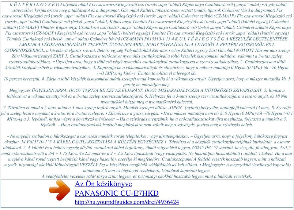 (CZ-MA1P) Fix csavarorsó Kiegészítô csô (orsós apa oldal) Csatlakozó csô (belsô anya oldal) Kúpos anya Tömítés Fix csavarorsó Kiegészítô csô (orsós apa oldal) (kültéri egység) Csôméret szûkítô