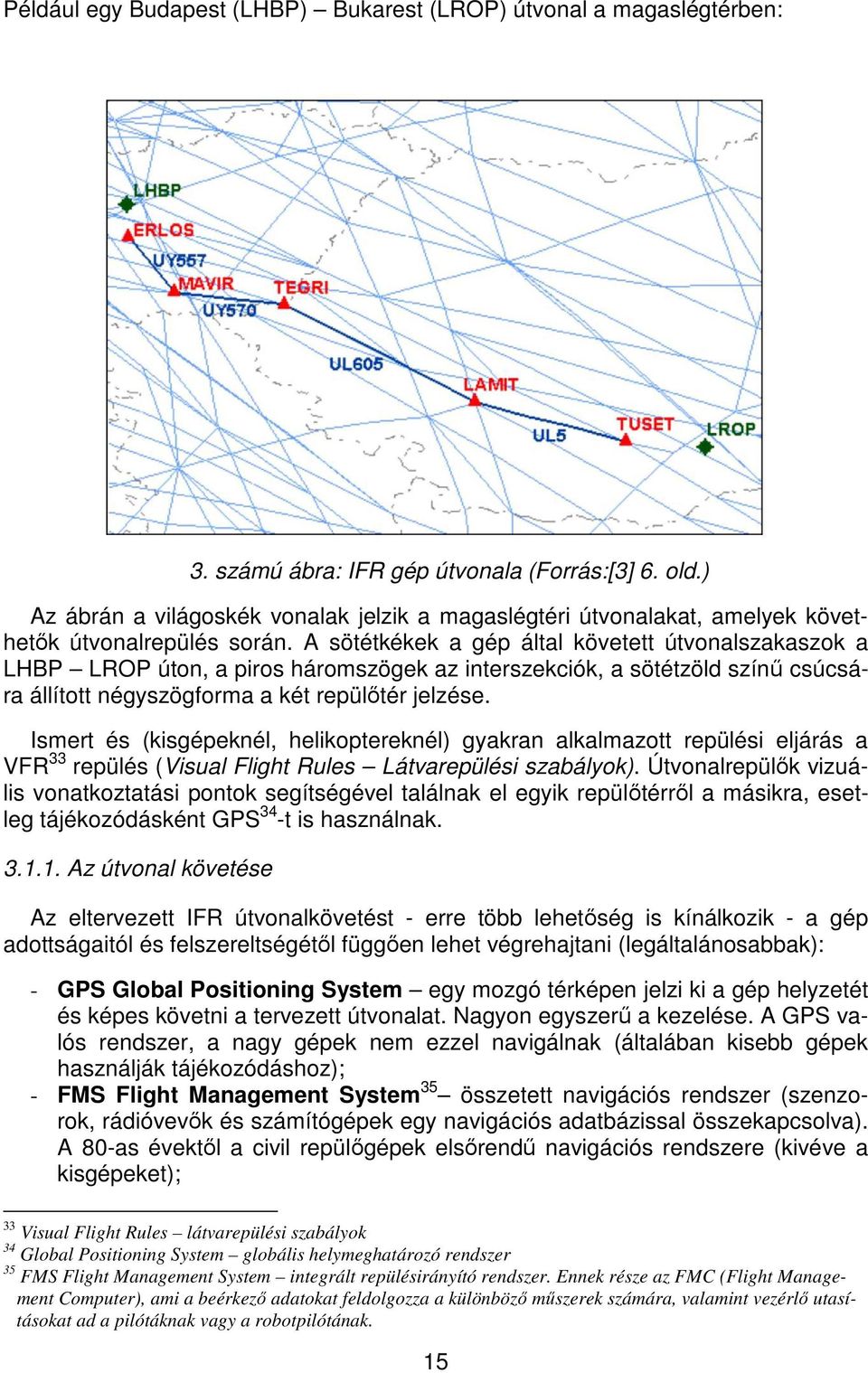 A sötétkékek a gép által követett útvonalszakaszok a LHBP LROP úton, a piros háromszögek az interszekciók, a sötétzöld színű csúcsára állított négyszögforma a két repülőtér jelzése.