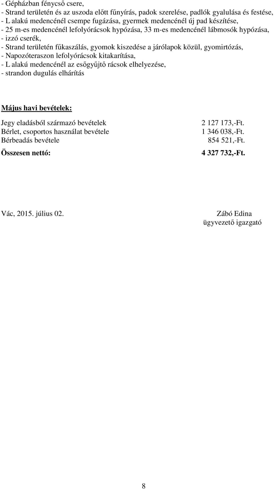 gyomirtózás, - Napozóteraszon lefolyórácsok kitakarítása, - L alakú medencénél az esőgyűjtő rácsok elhelyezése, - strandon dugulás elhárítás Május havi bevételek: Jegy eladásból