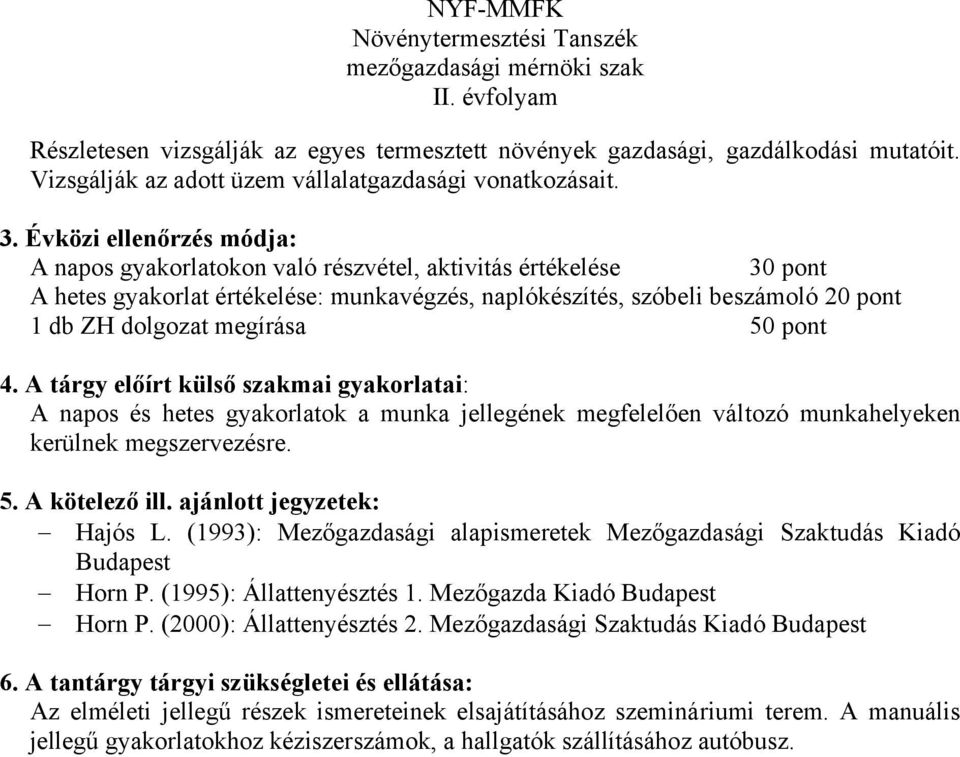 megírása 50 pont 4. A tárgy előírt külső szakmai gyakorlatai: A napos és hetes gyakorlatok a munka jellegének megfelelően változó munkahelyeken kerülnek megszervezésre. 5. A kötelező ill.