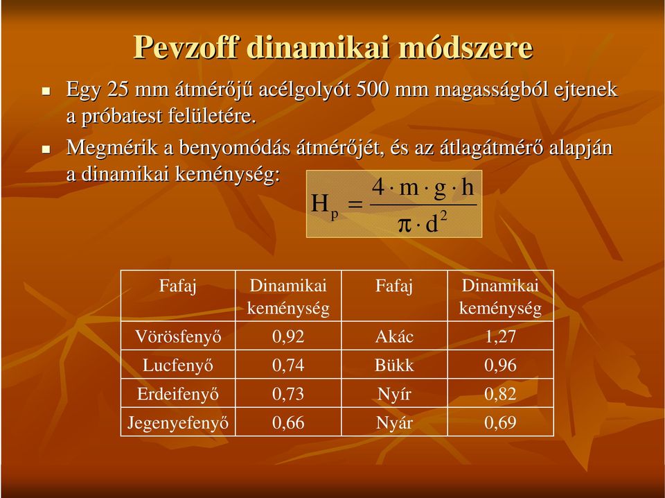 Megmérik a benyomódás átmérıjét, és az átlagátmérı alapján a dinamikai keménys nység: H p = 4 m