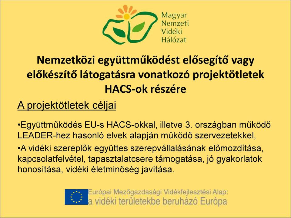 országban működő LEADER-hez hasonló elvek alapján működő szervezetekkel, A vidéki szereplők együttes