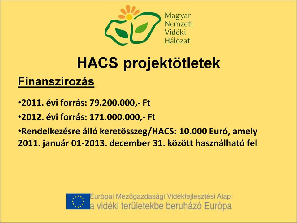 - Ft 2012. évi forrás: 171.000.