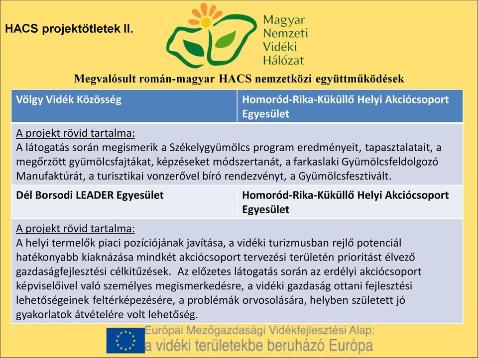 Székelygyümölcs program eredményeit, tapasztalatait, a megőrzött gyümölcsfajtákat, képzéseket módszertanát, a farkaslaki Gyümölcsfeldolgozó Manufaktúrát, a turisztikai vonzerővel bíró rendezvényt, a