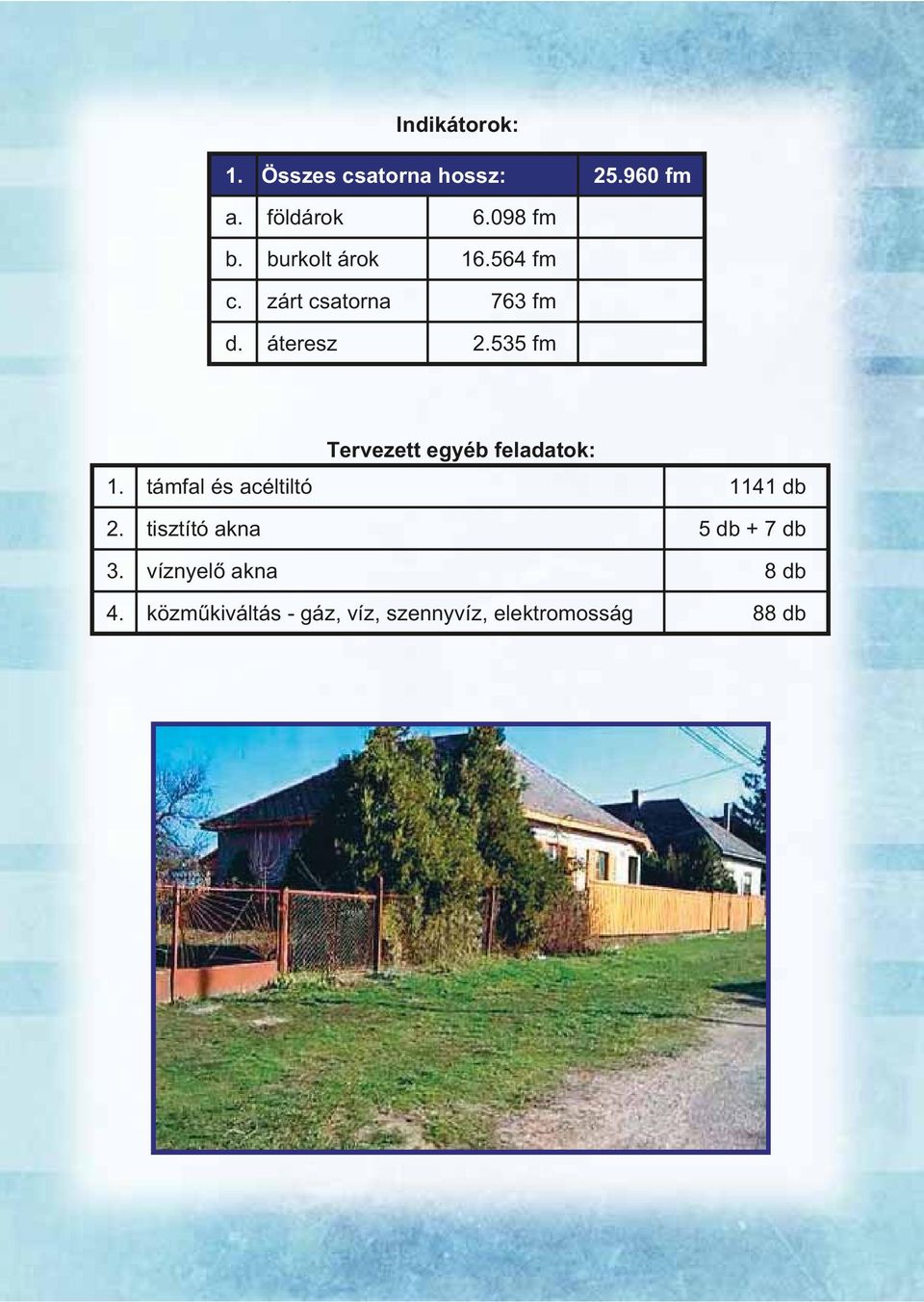 535 fm Tervezett egyéb feladatok: 1. támfal és acéltiltó 1141 db 2.