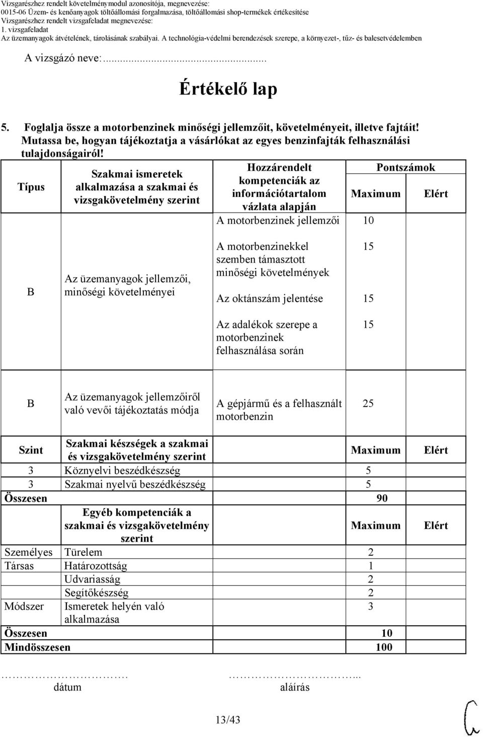 Típus Szakmai ismeretek alkalmazása a szakmai és vizsgakövetelmény szerint Hozzárendelt kompetenciák az információtartalom vázlata alapján A motorbenzinek jellemzői 10 Pontszámok Az üzemanyagok