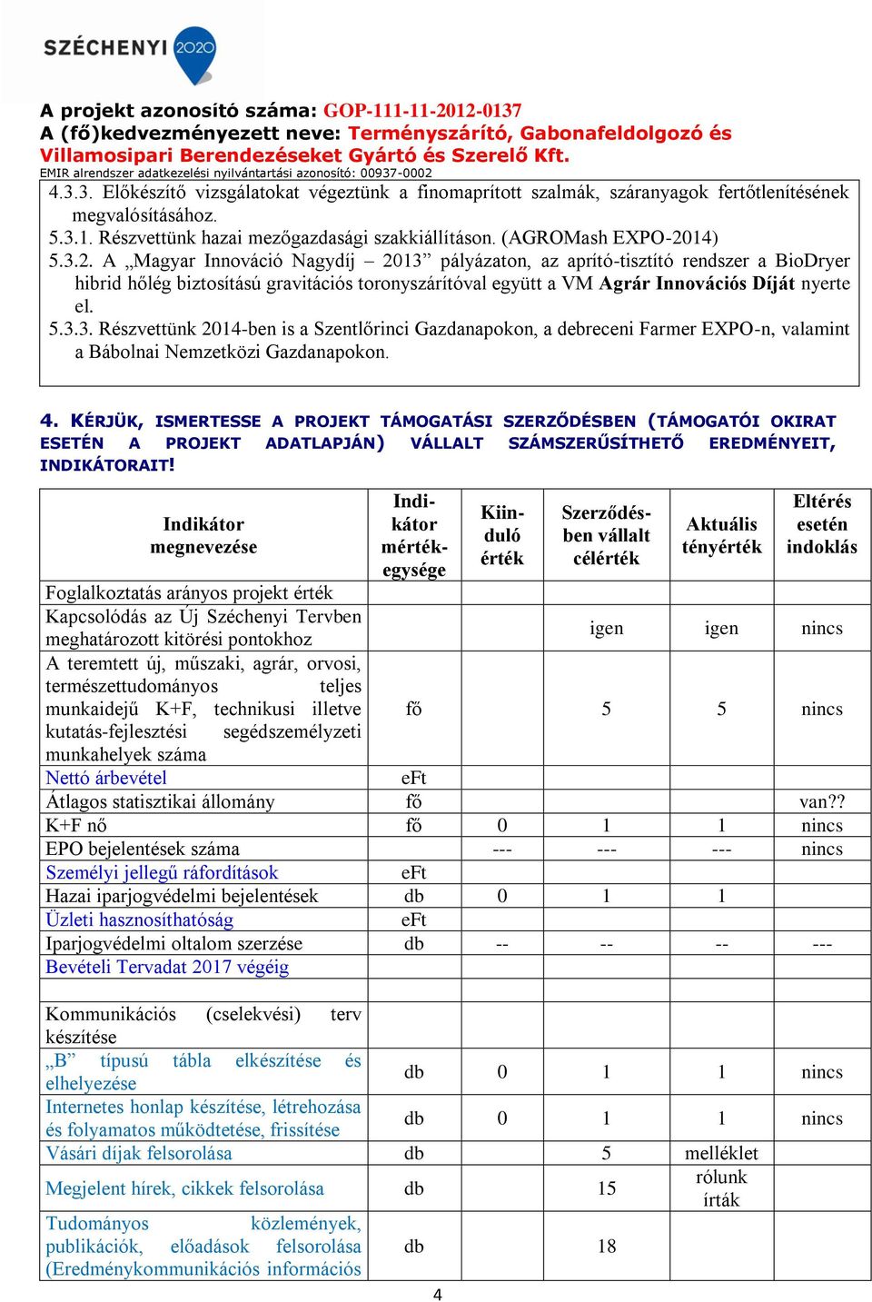 4. KÉRJÜK, ISMERTESSE A PROJEKT TÁMOGATÁSI SZERZŐDÉSBEN (TÁMOGATÓI OKIRAT ESETÉN A PROJEKT ADATLAPJÁN) VÁLLALT SZÁMSZERŰSÍTHETŐ EREDMÉNYEIT, INDIKÁTORAIT!