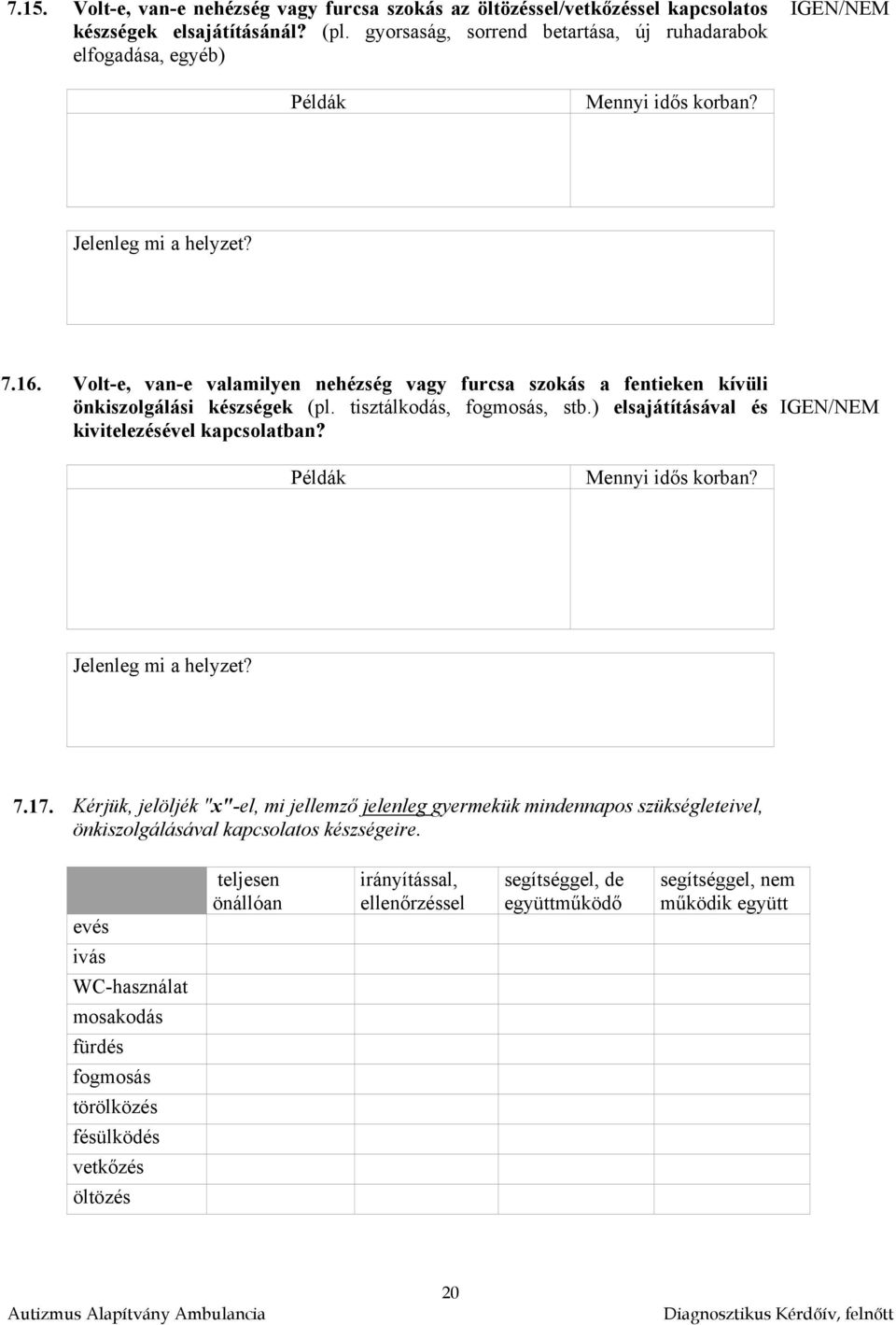 tisztálkodás, fogmosás, stb.) elsajátításával és kivitelezésével kapcsolatban? 7.17.