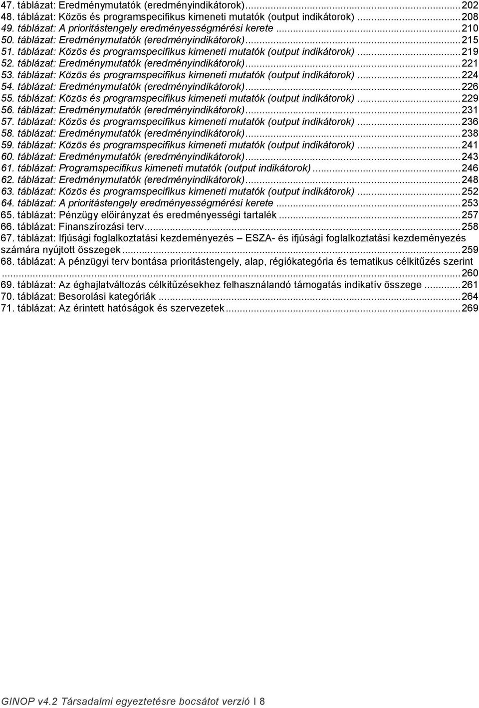 táblázat: Közös és programspecifikus kimeneti mutatók (output indikátorok)... 219 52. táblázat: Eredménymutatók (eredményindikátorok)... 221 53.