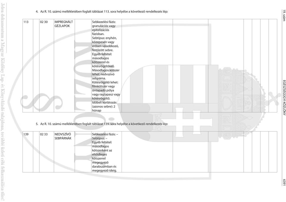 Kötésrögzítõ lehet: filmkötszer vagy öntapadó pólya vagy ragtapasz vagy kötésrögzítõ. Idõbeli korlátozás (azonos sebre): 2 hónap 5. Az R. 10. számú mellékletében foglalt táblázat 139.