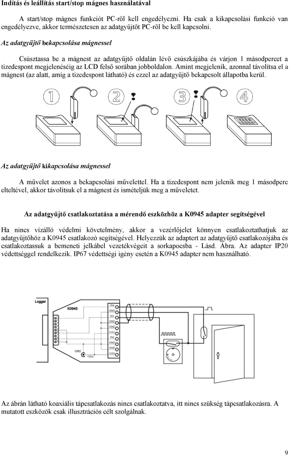 Az adatgyűjtő bekapcsolása mágnessel Csúsztassa be a mágnest az adatgyűjtő oldalán lévő csúszkájába és várjon 1 másodpercet a tizedespont megjelenéséig az LCD felső sorában jobboldalon.