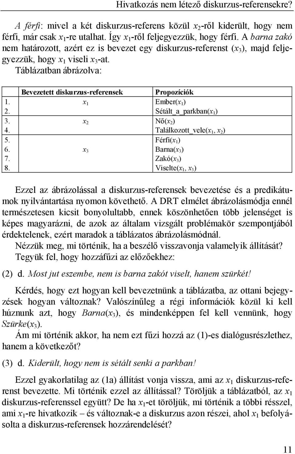 Bevezetett diskurzus-referensek Propozíciók x 1 Ember(x 1 ) Sétált_a_parkban(x 1 ) x 2 Nő(x 2 ) Találkozott_vele(x 1, x 2 ) Férfi(x 1 ) x 3 Barna(x 3 ) Zakó(x 3 ) Viselte(x 1, x 3 ) Ezzel az