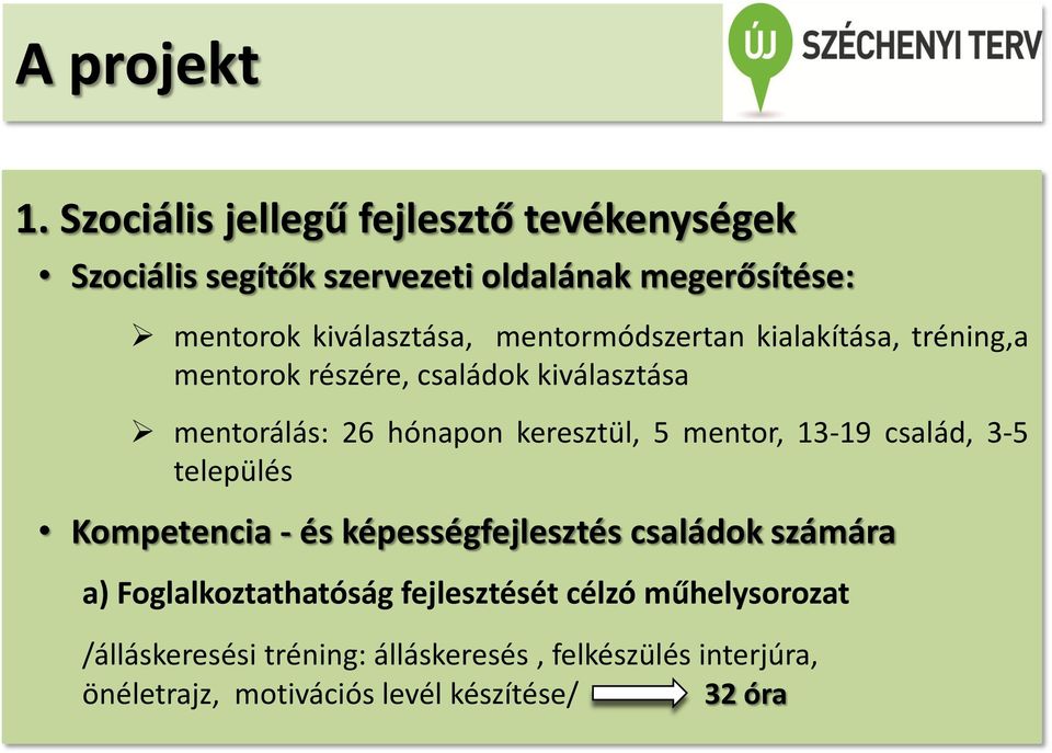 mentormódszertan kialakítása, tréning,a mentorok részére, családok kiválasztása mentorálás: 26 hónapon keresztül, 5 mentor,