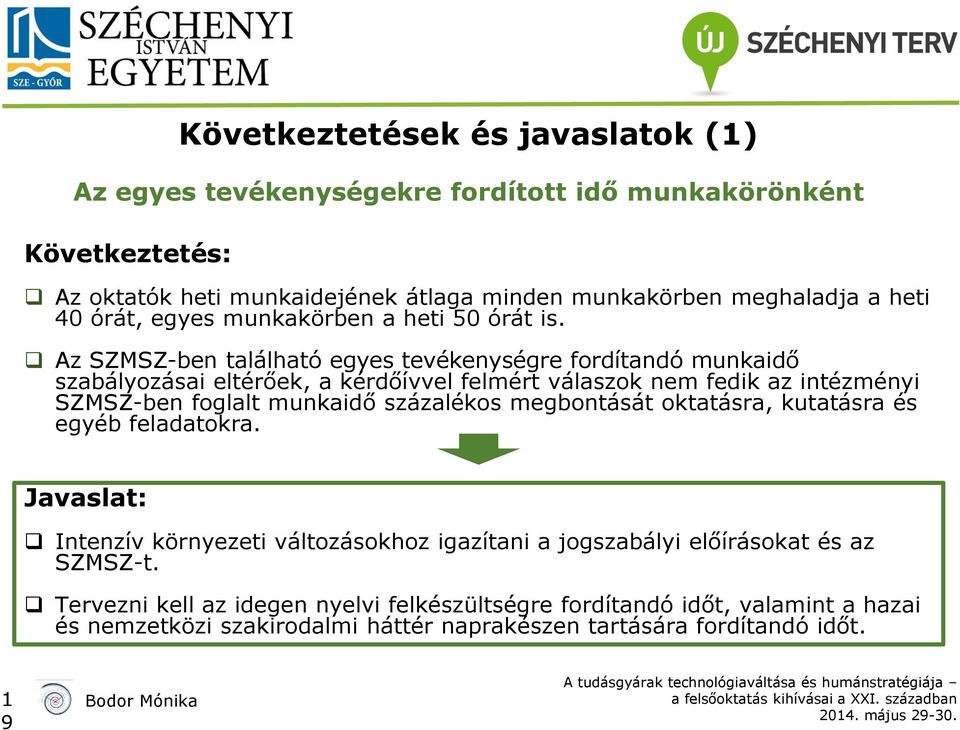 Az SZMSZ-ben található egyes tevékenységre fordítandó munkaidő szabályozásai eltérőek, a kérdőívvel felmért válaszok nem fedik az intézményi SZMSZ-ben foglalt munkaidő