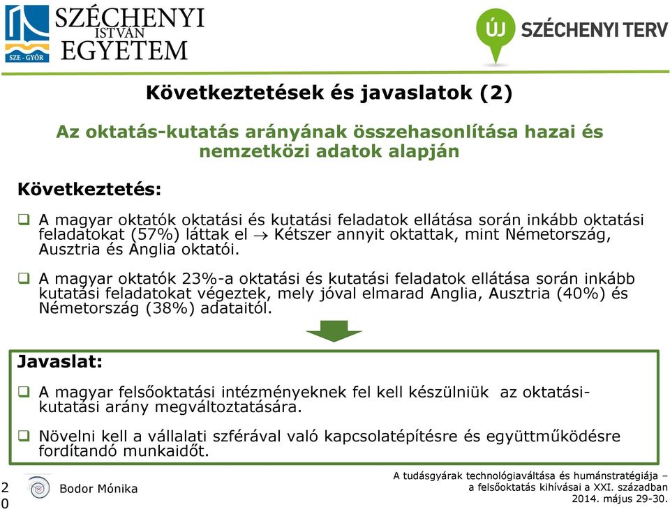 A magyar oktatók 23%-a oktatási és kutatási feladatok ellátása során inkább kutatási feladatokat végeztek, mely jóval elmarad Anglia, Ausztria (40%) és Németország (38%)