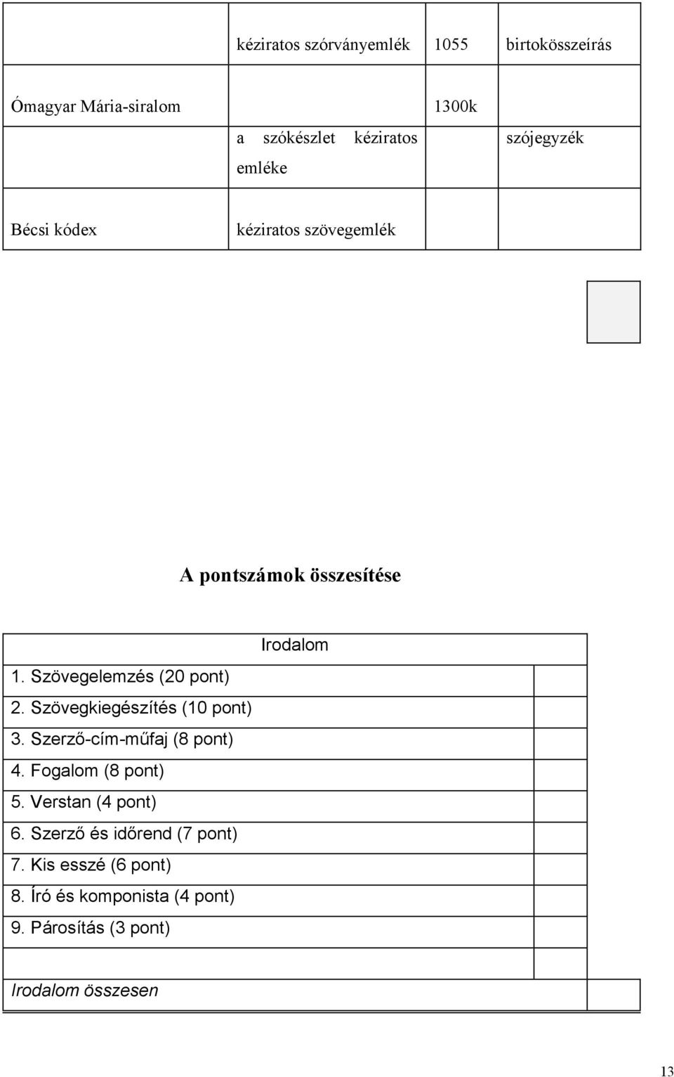 Szövegkiegészítés (10 pont) 3. Szerző-cím-műfaj (8 pont) 4. Fogalom (8 pont) 5. Verstan (4 pont) 6.