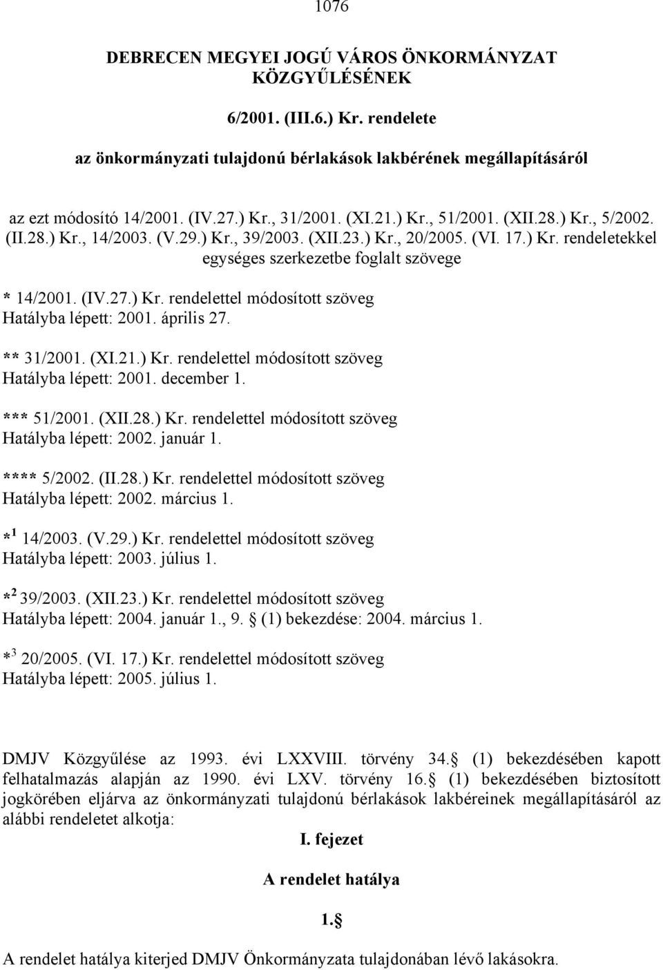 ) Kr. rendelettel módosított szöveg Hatályba lépett: 2001. április 27. ** 31/2001. (XI.21.) Kr. rendelettel módosított szöveg Hatályba lépett: 2001. december 1. *** 51/2001. (XII.28.) Kr. rendelettel módosított szöveg Hatályba lépett: 2002.