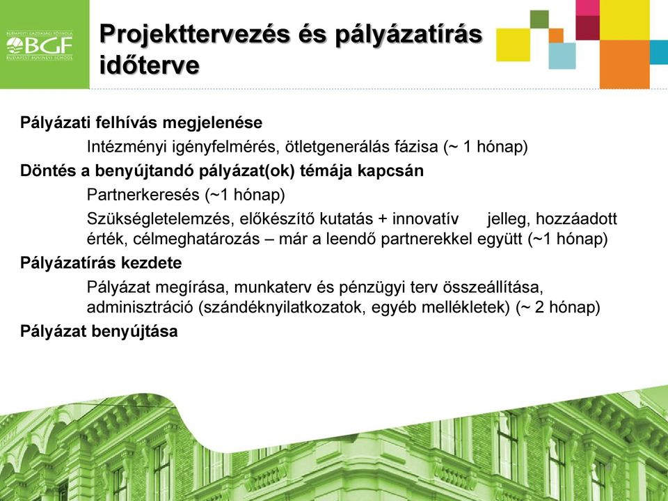 innovatív jelleg, hozzáadott érték, célmeghatározás már a leendő partnerekkel együtt (~1 hónap) Pályázatírás kezdete Pályázat