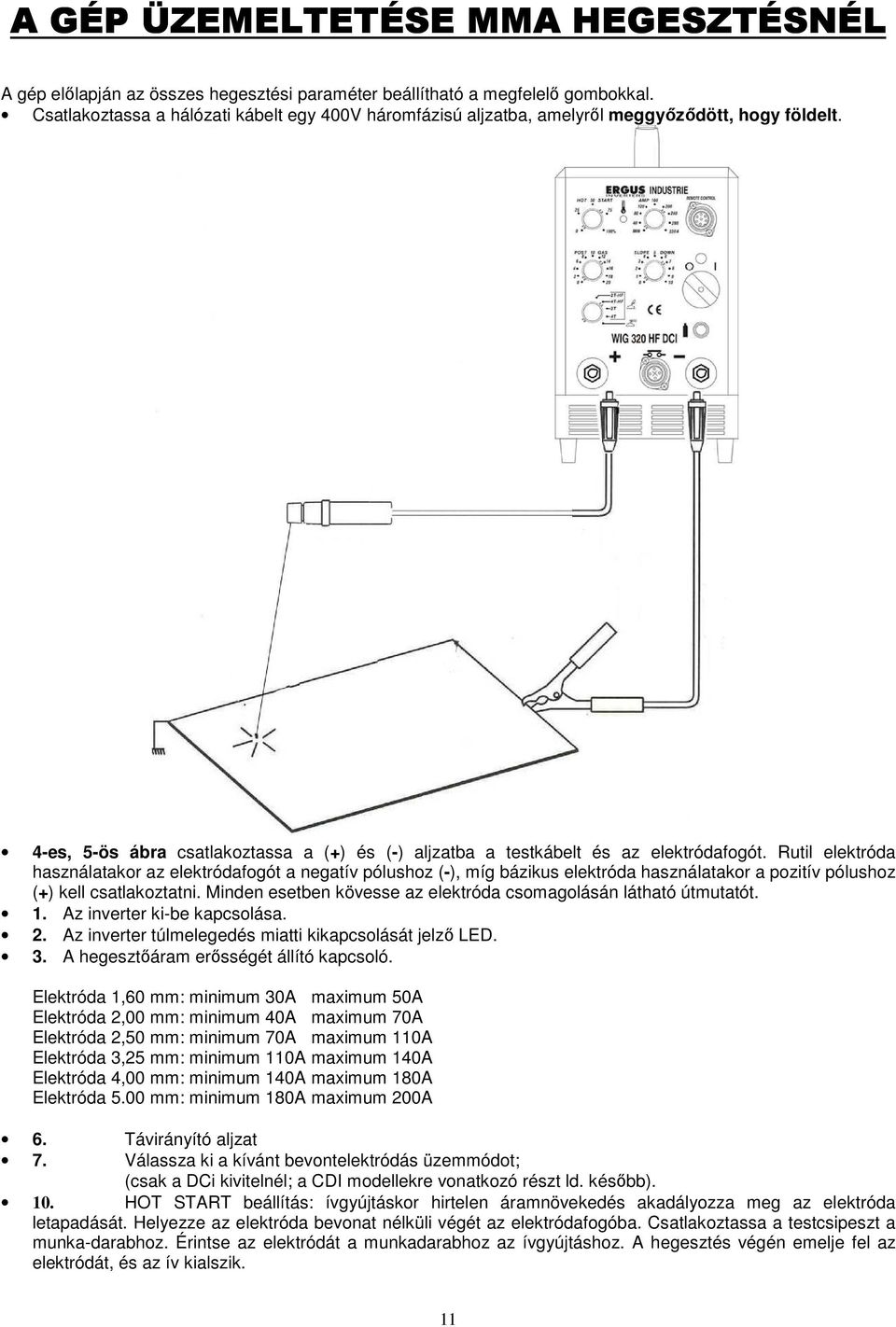 Rutil elektróda használatakor az elektródafogót a negatív pólushoz (-), míg bázikus elektróda használatakor a pozitív pólushoz (+) kell csatlakoztatni.