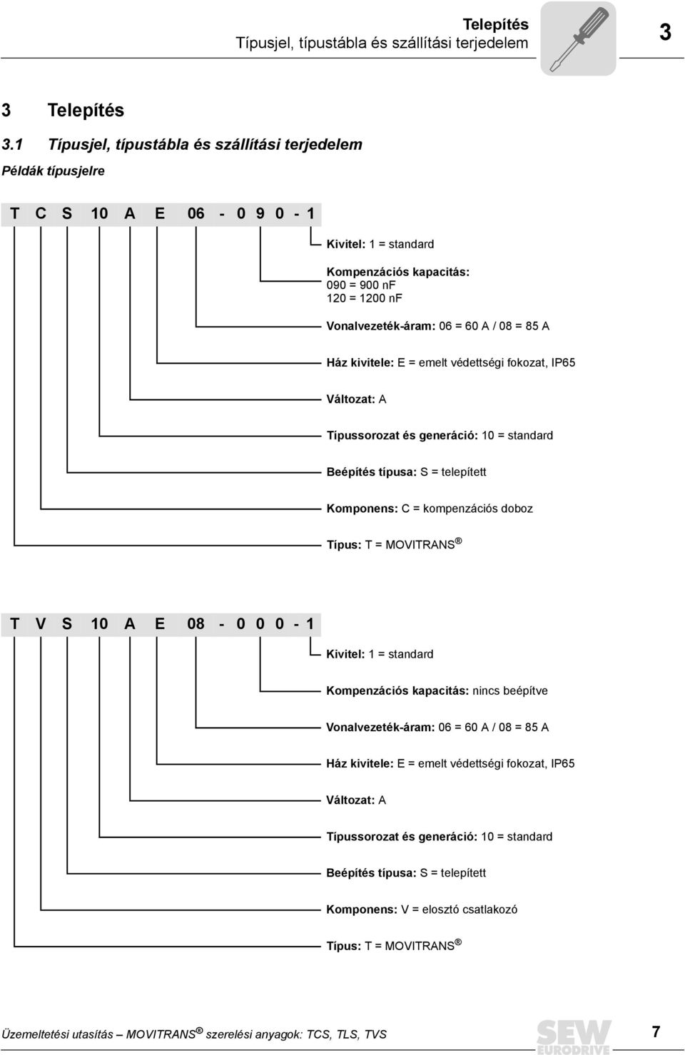 85 A Ház kivitele: E = emelt védettségi fokozat, IP65 Változat: A Típussorozat és generáció: 10 = standard Beépítés típusa: S = telepített Komponens: C = kompenzációs doboz Típus: T = MOVITRANS T V S