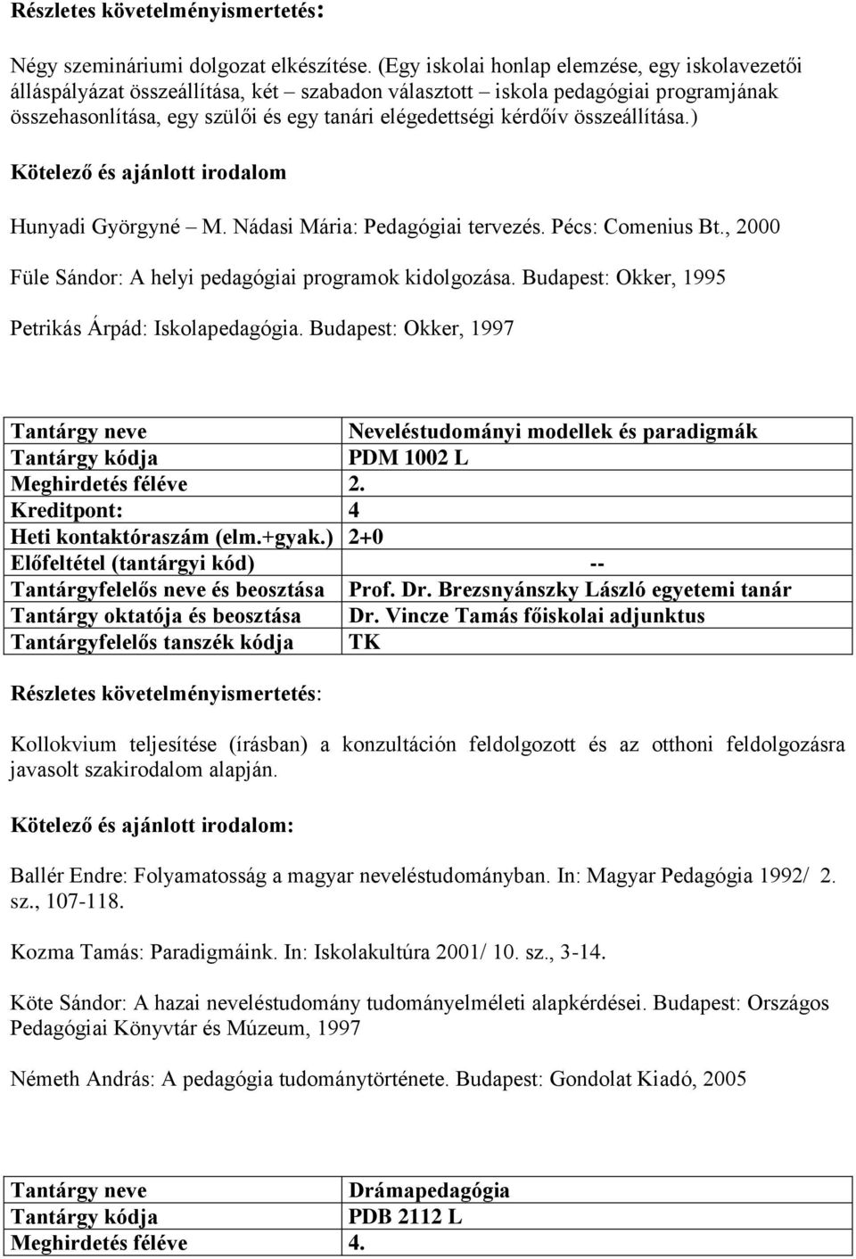 összeállítása.) Kötelező és ajánlott irodalom Hunyadi Györgyné M. Nádasi Mária: Pedagógiai tervezés. Pécs: Comenius Bt., 2000 Füle Sándor: A helyi pedagógiai programok kidolgozása.