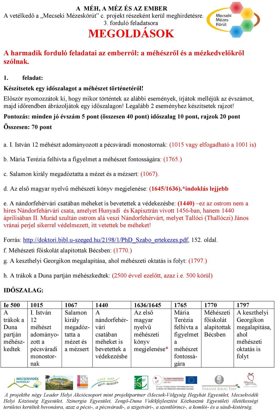 Pontozás: minden jó évszám 5 pont (összesen 40 pont) idıszalag 10 pont, rajzok 20 pont Összesen: 70 pont a. I.