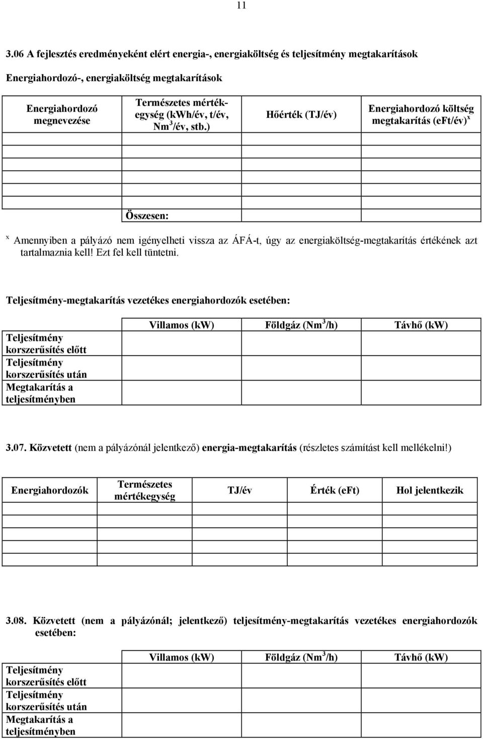 ) Hőérték (TJ/év) Energiahordozó költség megtakarítás (eft/év) x Összesen: x Amennyiben a pályázó nem igényelheti vissza az ÁFÁ-t, úgy az energiaköltség-megtakarítás értékének azt tartalmaznia kell!