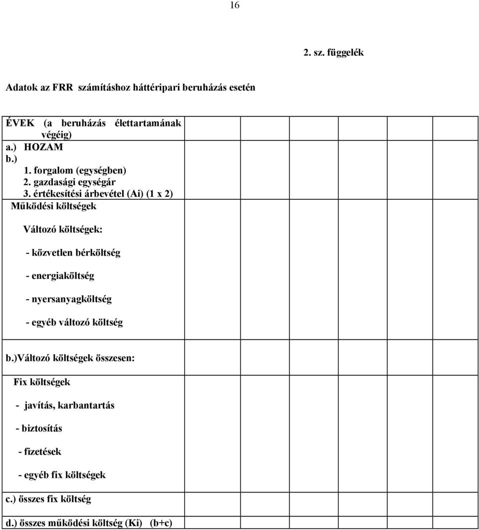 értékesítési árbevétel (Ai) (1 x 2) Működési költségek Változó költségek: - közvetlen bérköltség - energiaköltség -