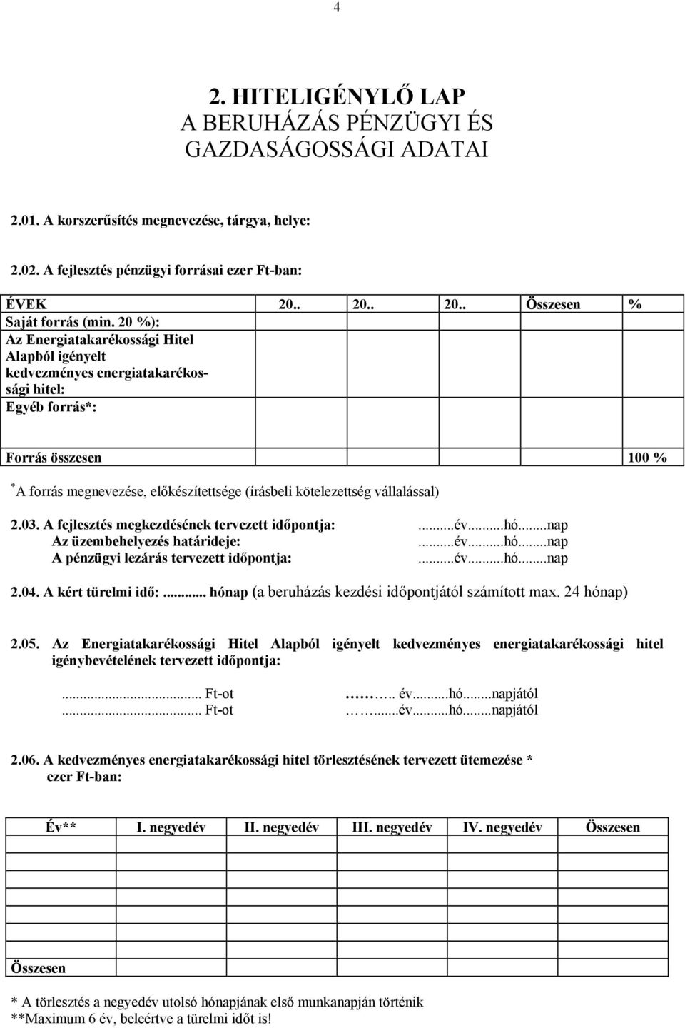 20 %): Az Energiatakarékossági Hitel Alapból igényelt kedvezményes energiatakarékossági hitel: Egyéb forrás*: Forrás összesen 100 % * A forrás megnevezése, előkészítettsége (írásbeli kötelezettség