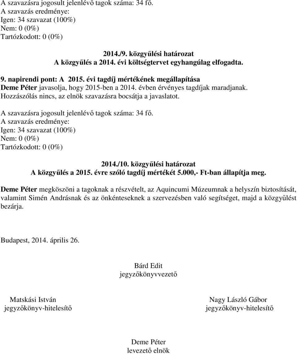 A szavazásra jogosult jelenlévő tagok száma: 34 fő. 2014./10. közgyűlési határozat A közgyűlés a 2015. évre szóló tagdíj mértékét 5.000,- Ft-ban állapítja meg.