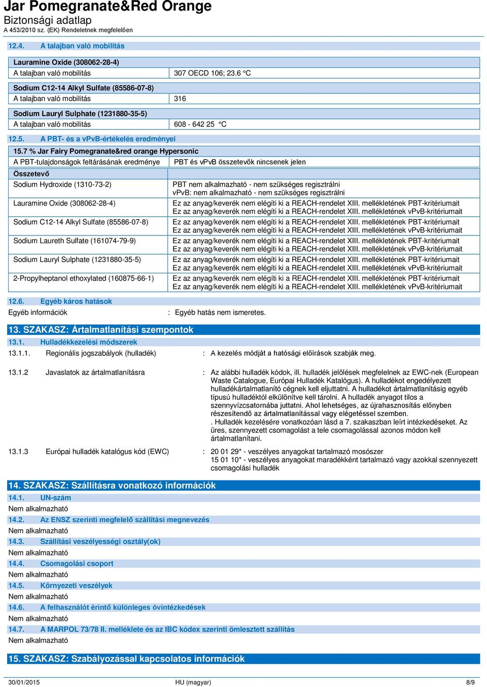 nincsenek jelen PBT nem alkalmazható - nem szükséges regisztrálni vpvb: nem alkalmazható - nem szükséges regisztrálni 12.6. Egyéb káros hatások Egyéb információk : Egyéb hatás nem ismeretes. 13.