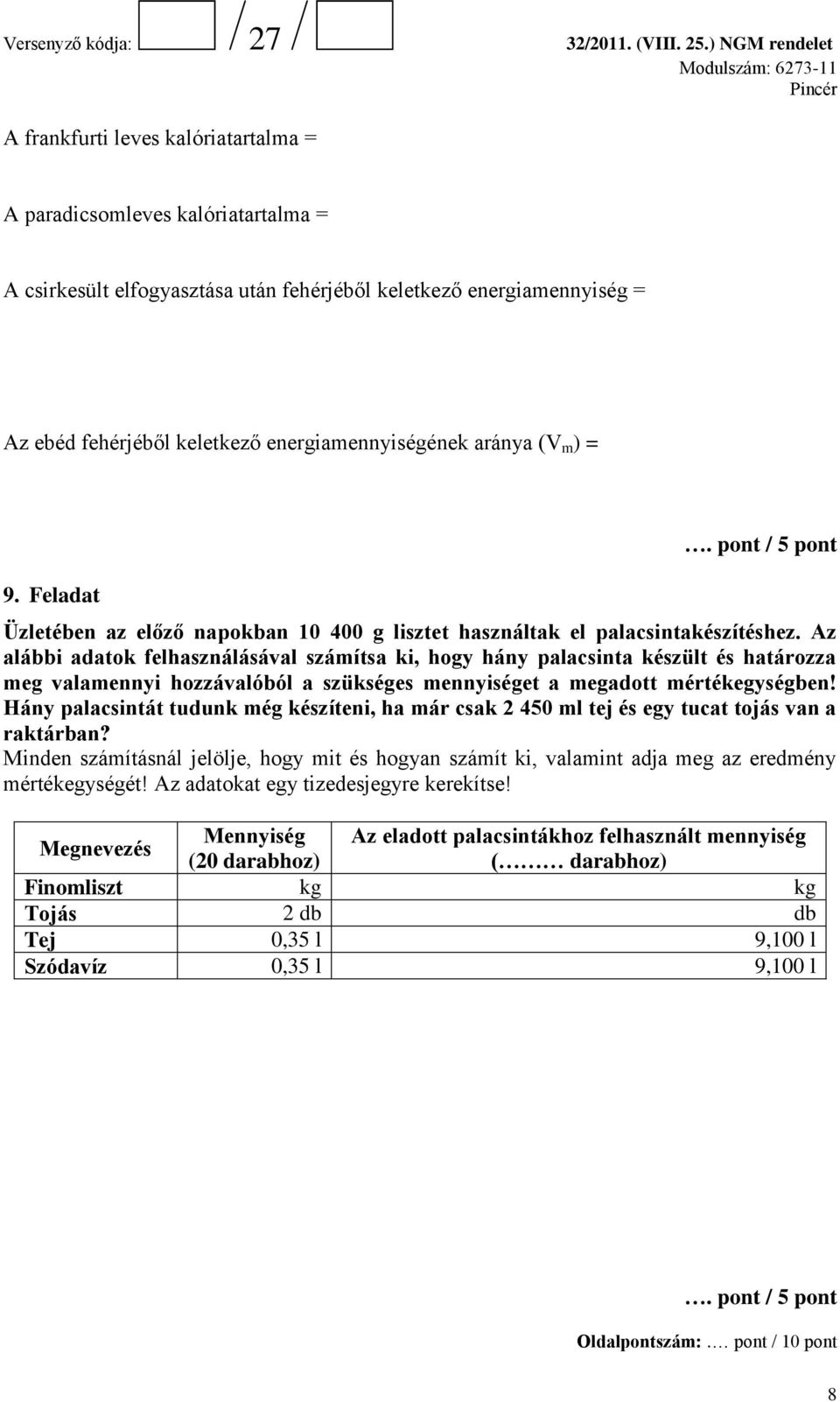 Az alábbi adatok felhasználásával számítsa ki, hogy hány palacsinta készült és határozza meg valamennyi hozzávalóból a szükséges mennyiséget a megadott mértékegységben!