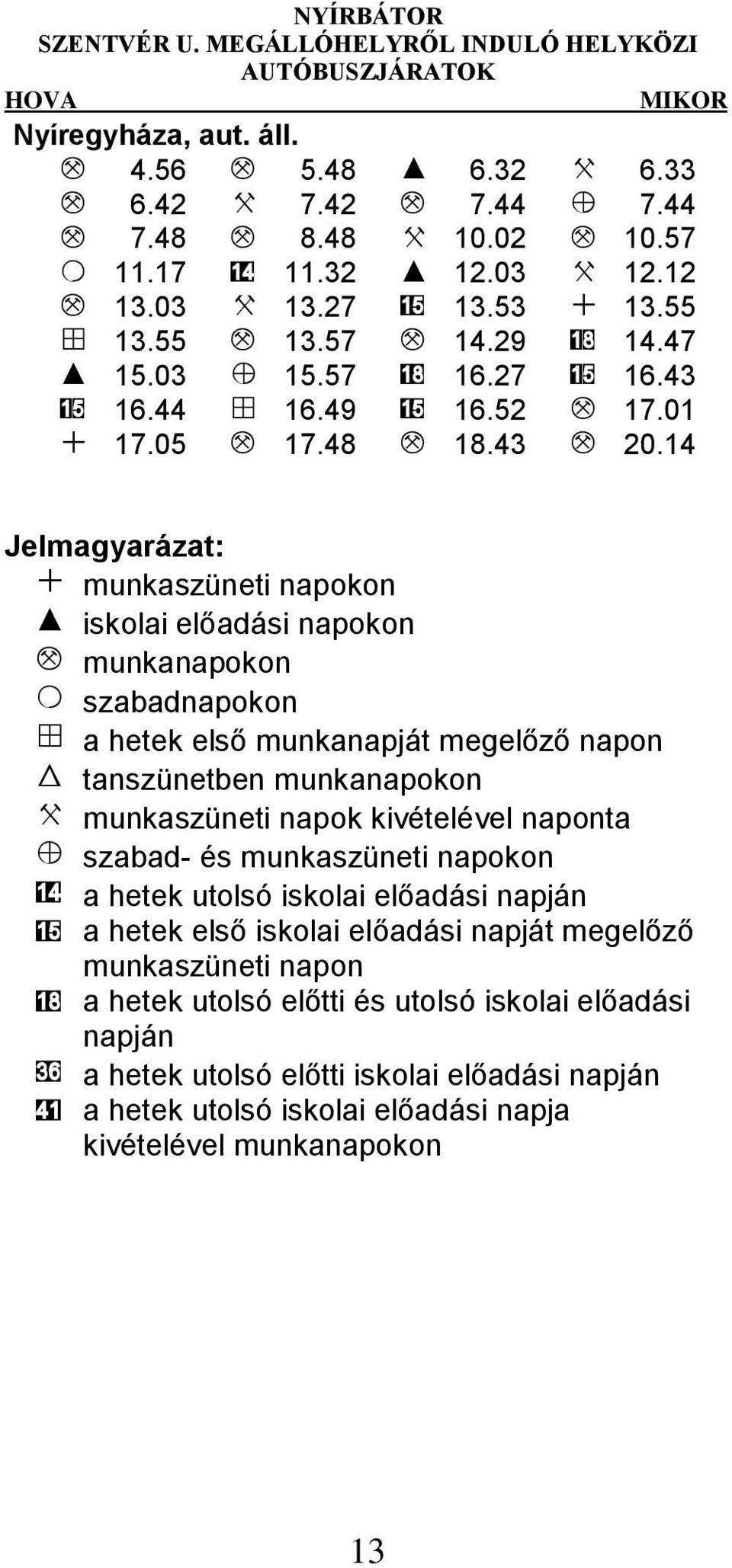 14 Jelmagyarázat: + munkaszüneti napokon I iskolai előadási napokon M munkanapokon O szabadnapokon V a hetek első munkanapját megelőző napon W tanszünetben munkanapokon X munkaszüneti napok