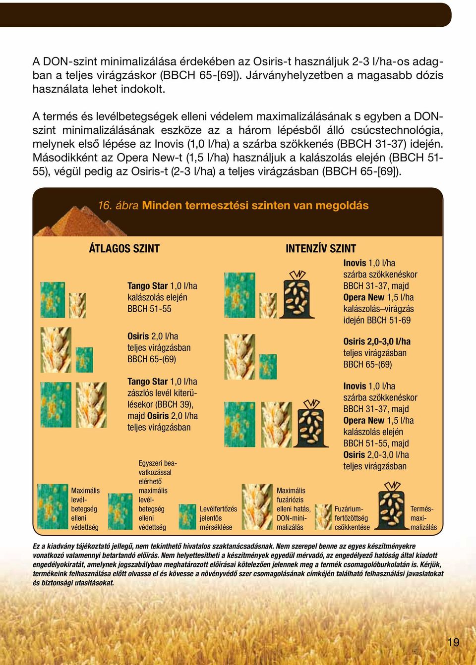 szökkenés (BBCH 31-37) idején. Másodikként az Opera New-t (1,5 l/ha) használjuk a kalászolás elején (BBCH 51-55), végül pedig az Osiris-t (2-3 l/ha) a teljes virágzásban (BBCH 65-[69]). 16.