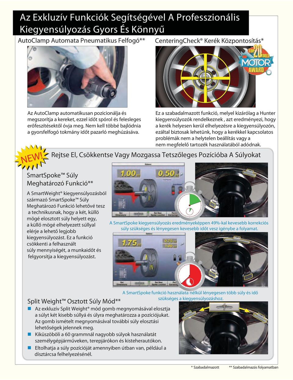 Ez a szabadalmazott funkció, melyel kizárólag a Hunter kiegyensúlyozók rendelkeznek, azt eredményezi, hogy a kerék helyesen kerül elhelyezésre a kiegyensúlyozón, ezáltal biztosak lehetünk, hogy a